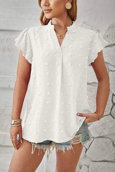 Swiss Dot Notched Cap Sleeve T-Shirt Women's T-Shirts - Tophatter Daily Deals